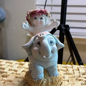 Whimsical Elephant and Child Figurine - Blue and Pink